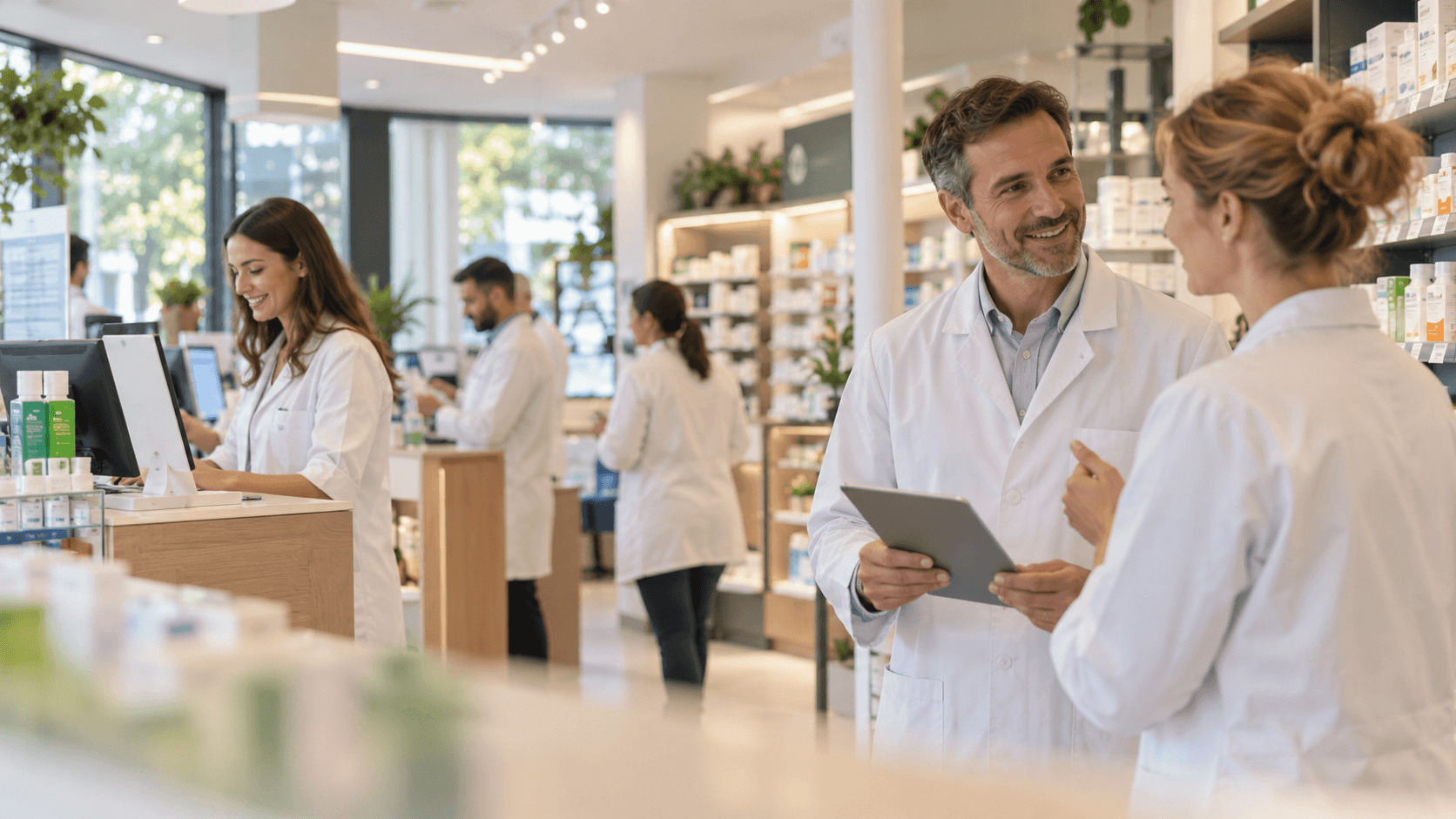 Équipe de pharmaciens travaillant ensemble dans une officine d’un réseau